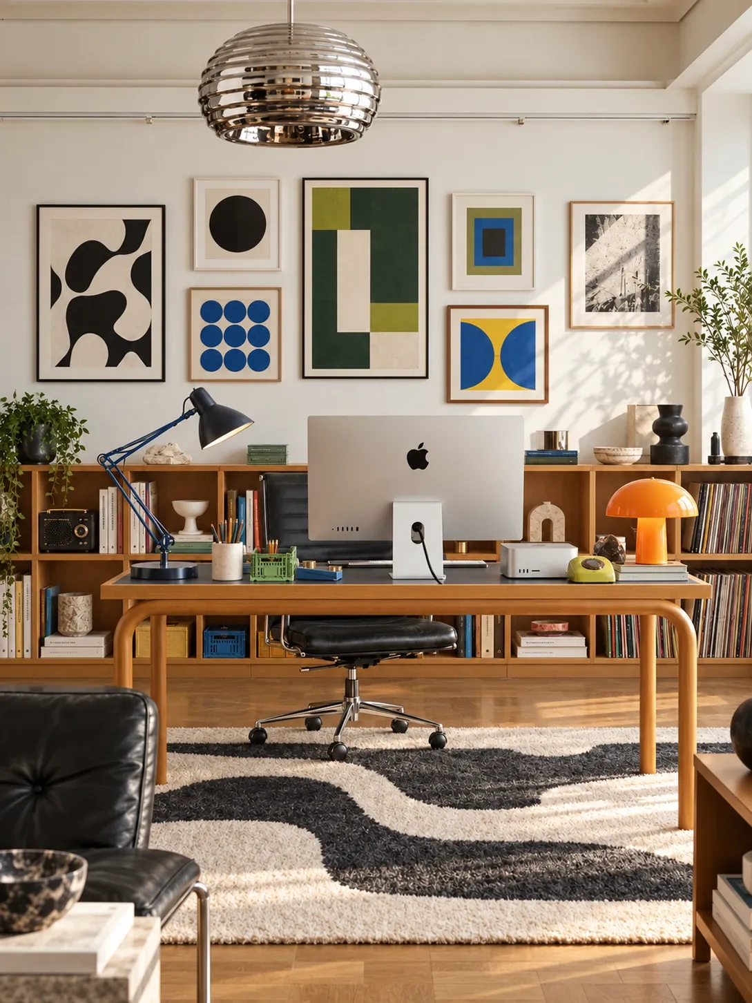 A bright studio desk with a gallery wall of framed prints, a wooden bookshelf and a black and white wave rug